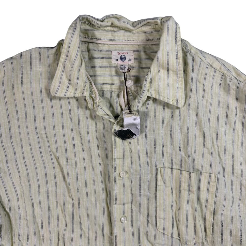 Trevero Men’s XXL 100% Linen Short Sleeve Button Up Shirt Yellow Green Striped